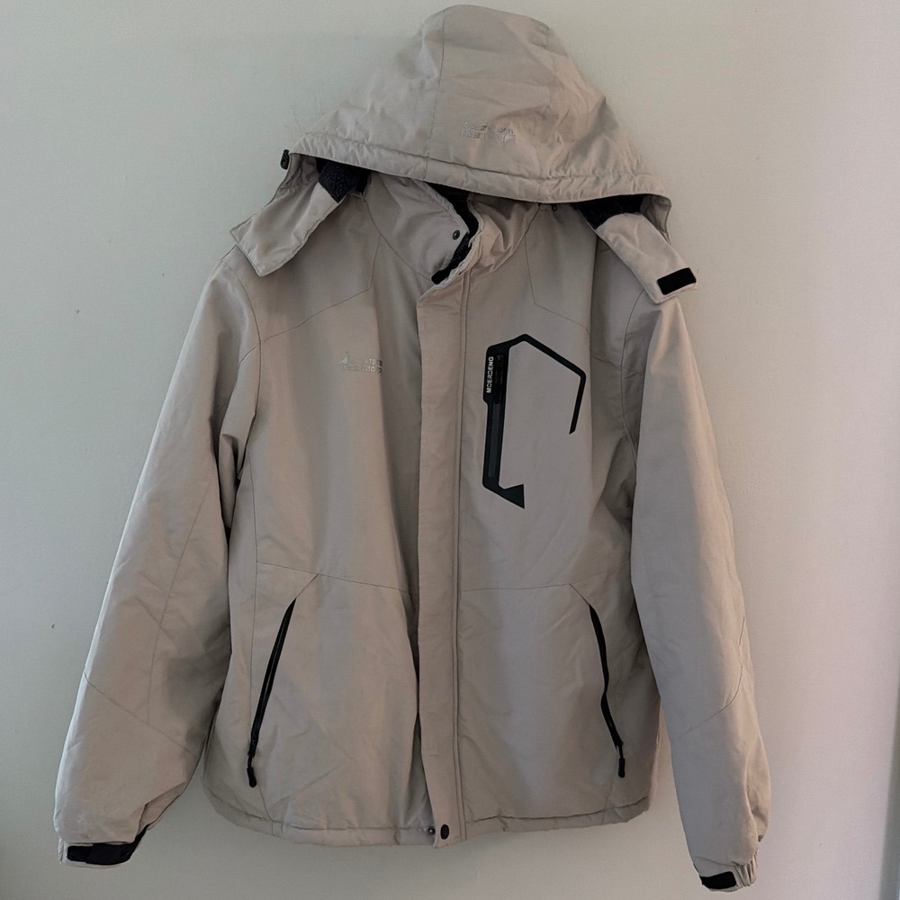 Moerdeng Mens XL Waterproof Ski Jacket Beige Hooded Fleece Lined Winter Coat